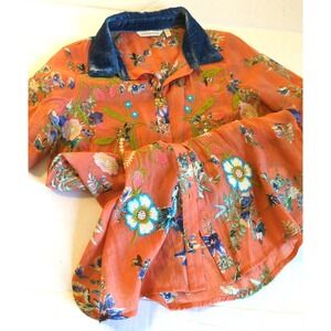 Soft Surroundings Embroidered Blouse Tunic XS Blue Velvet Collar Turn Heads Boho